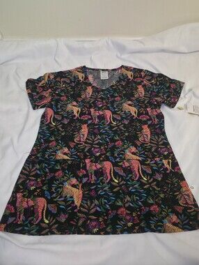 Wink Black Multicolor Floral Animal Print V-Neck Scrub Top Size XS NWT